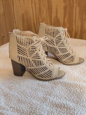 Women's Lace-Up Cutout Peep-Toe Booties in Beige